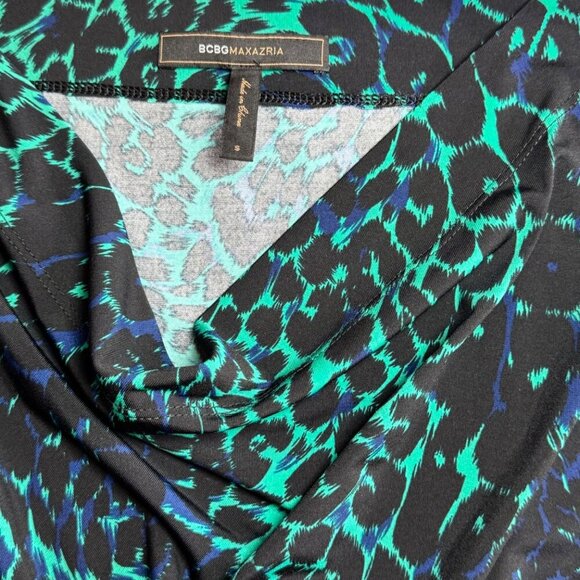 BCBGMaxAzria Leopard Print Mini Dress Sz.S Black Green Animal Print Cowl Neck - Picture 12 of 13